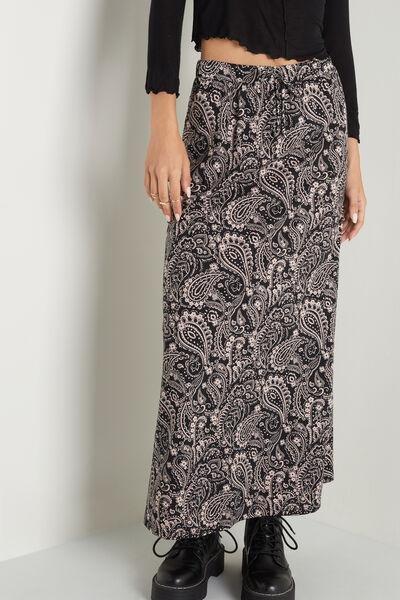 Black Maxi Paisley Print Long Cotton Skirt, 5701_341U, large image number 1