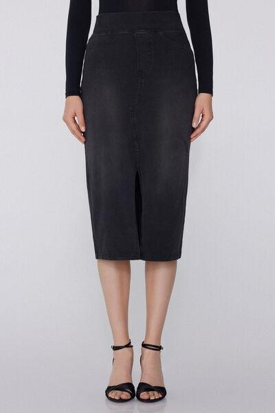 Black Soft Flex Denim Longuette Skirt, , large image number 0