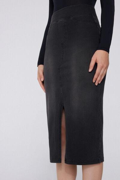 Black Soft Flex Denim Longuette Skirt, , large image number 3