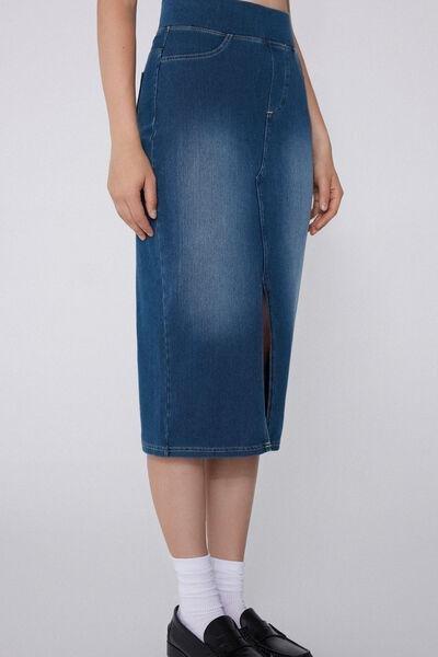 Blue Soft Flex Denim Longuette Skirt, , large image number 2