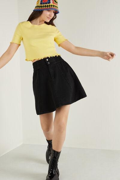 Black Gathered Waist Denim Skirt, Black, large image number 0