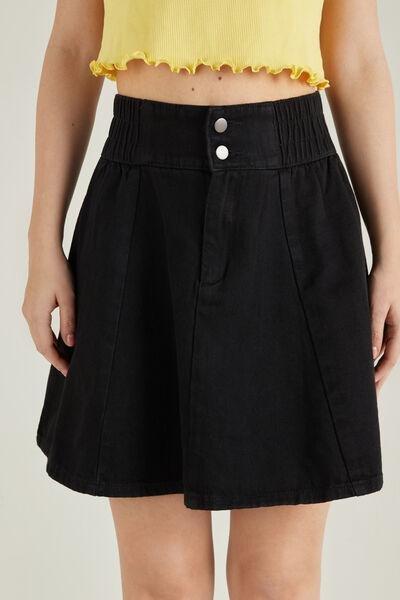 Black Gathered Waist Denim Skirt, Black, large image number 1