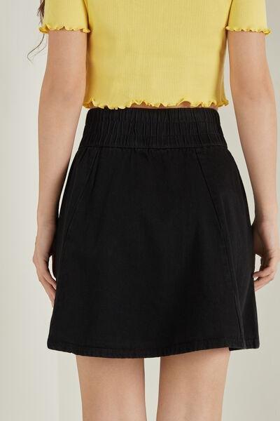 Black Gathered Waist Denim Skirt, Black, large image number 2