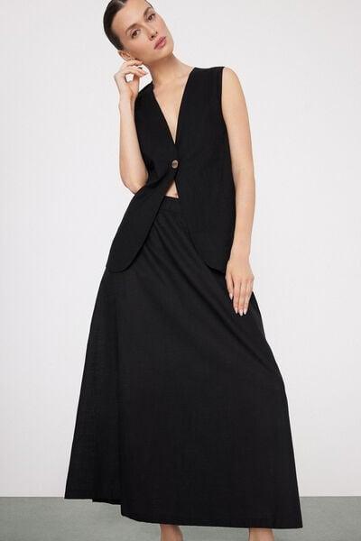 Black Long Cotton Canvas Skirt, Black, medium