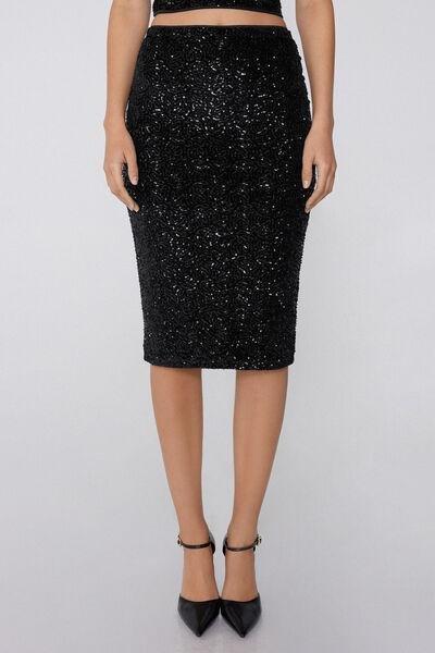 Black Sequin High-Waisted Midi Skirt, Black, large image number 0