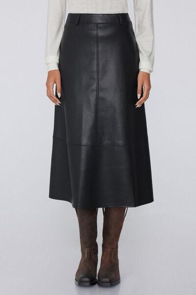 Black Leather-Effect Midi Skirt, Black, medium