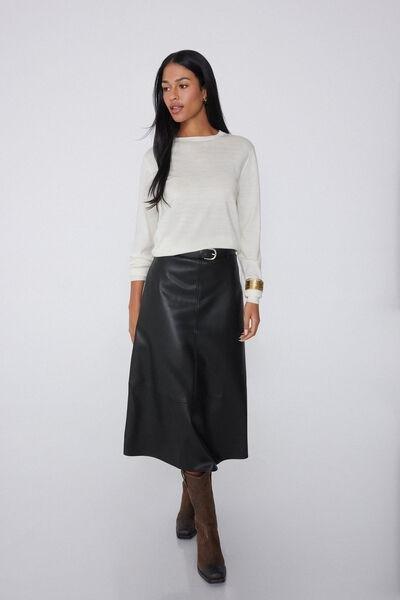 Black Leather-Effect Midi Skirt, Black, medium