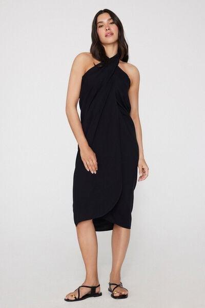 Black Brushed Viscose Canvas Long Sarong Skirt, Black, large image number 1
