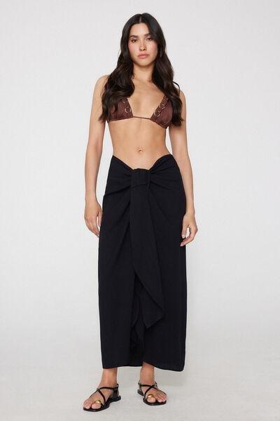 Black Brushed Viscose Canvas Long Sarong Skirt, Black, large image number 2