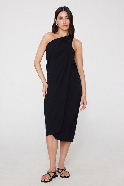 Black Brushed Viscose Canvas Long Sarong Skirt, Black, large image number 3