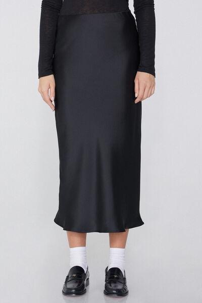 Black Satin Midi Skirt, , medium