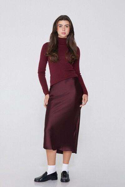 Burgundy Satin Midi Skirt, 5701_065Y, large image number 0
