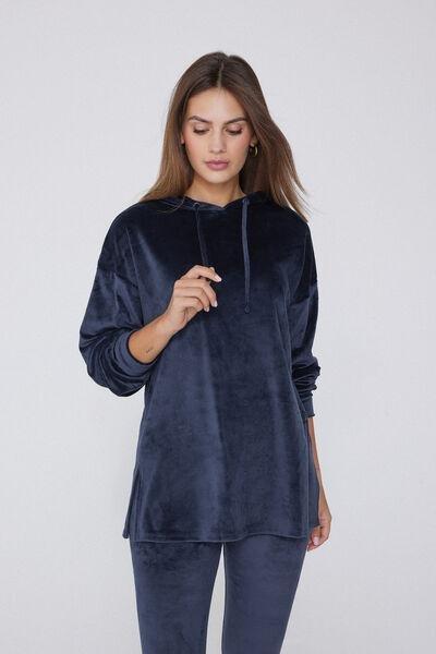 Blue Velvet Look Fleece Hoodie, Absolute Blue, large image number 0