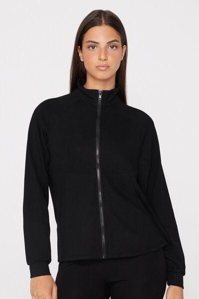 Black Superior Softness Ribbed Zip-Up Sweatshirt, Black, medium