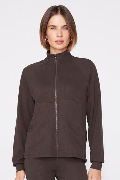 Brown Superior Softness Ribbed Zip-Up Sweatshirt, 5701_495Z, medium
