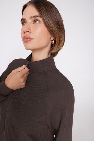 Brown Superior Softness Ribbed Zip-Up Sweatshirt, 5701_495Z, large image number 3