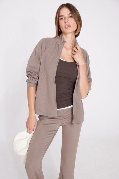 Brown Superior Softness Ribbed Zip-Up Sweatshirt, 5701_530Z, large image number 3