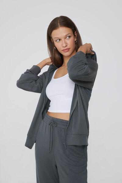 Grey Soft Touch Viscose Zip-Up Hoodie, , large image number 0