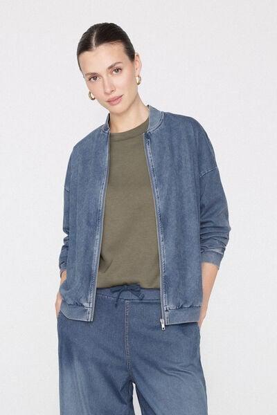 Blue Stretch Denim Bomber Jacket, 5701_186Z, large image number 0