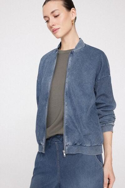 Blue Stretch Denim Bomber Jacket, 5701_186Z, large image number 3