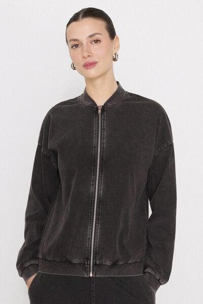 Grey Washed Effect Stretch Denim Bomber Jacket, 5701_190Z, large image number 1