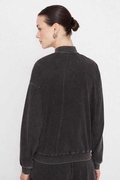 Grey Washed Effect Stretch Denim Bomber Jacket, 5701_190Z, large image number 2