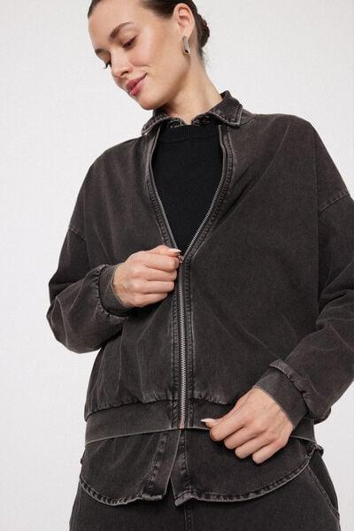 Grey Washed Effect Stretch Denim Bomber Jacket, 5701_190Z, large image number 3