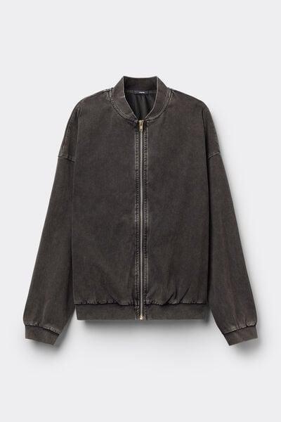 Grey Washed Effect Stretch Denim Bomber Jacket, 5701_190Z, large image number 4