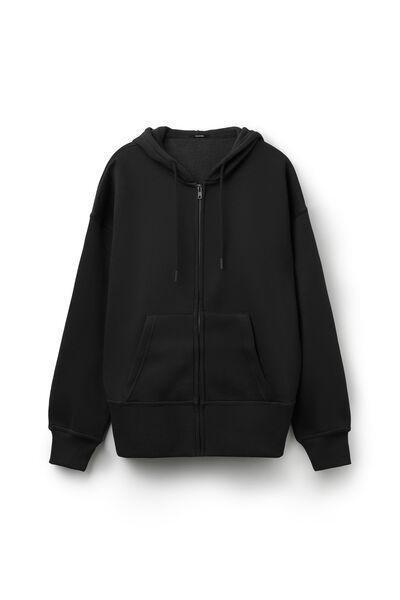 BLACK Thick Brushed Fleece Zip-Up Hoodie, Black, medium