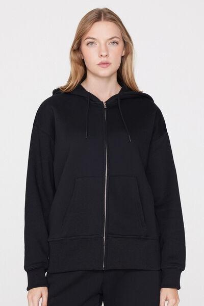 BLACK Thick Brushed Fleece Zip-Up Hoodie, Black, large image number 4
