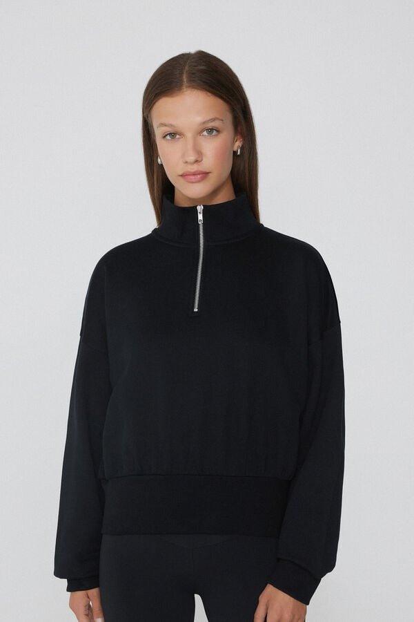 Black Cropped Cotton Sweatshirt, Black, large image number 0