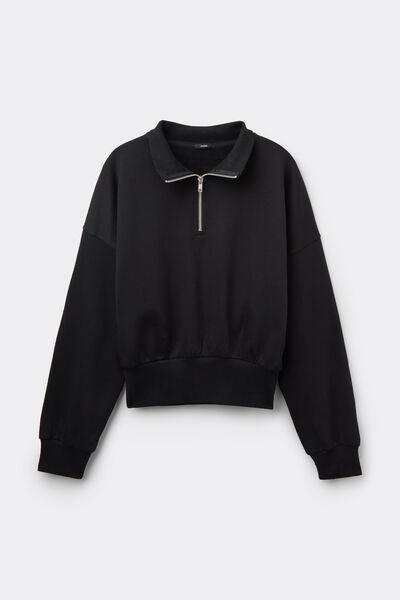 Black Cropped Cotton Sweatshirt, Black, large image number 2