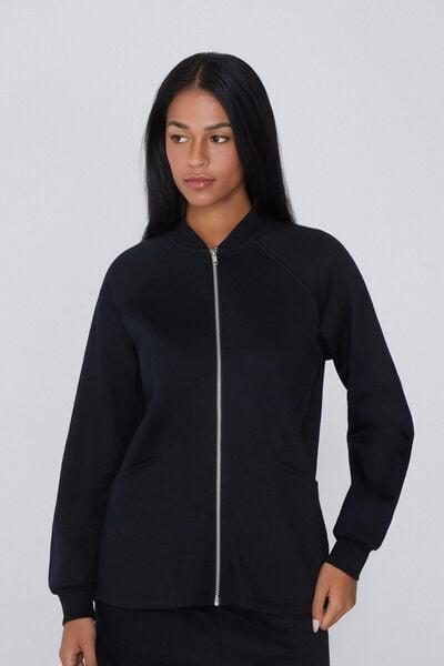 Black Zippered Asymmetric Cotton Sweatshirt, Black, large image number 0