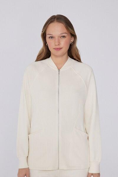White Zippered Asymmetric Cotton Sweatshirt, 5701_677V, large image number 0