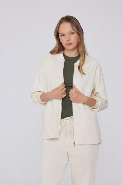White Zippered Asymmetric Cotton Sweatshirt, 5701_677V, large image number 1