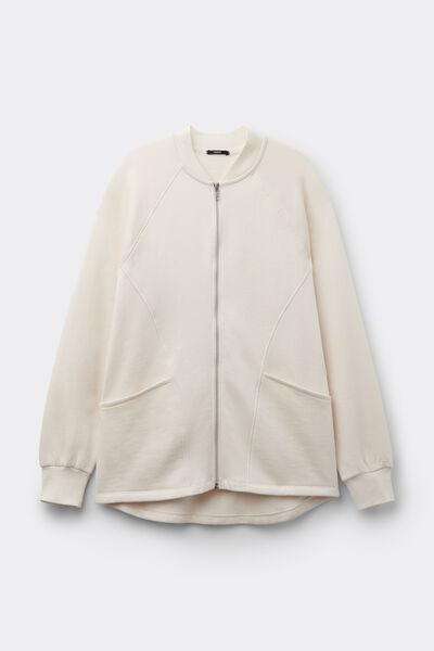 White Zippered Asymmetric Cotton Sweatshirt, 5701_677V, large image number 4