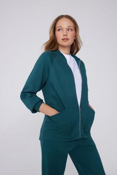 Green Zippered Asymmetric Cotton Sweatshirt, 5701_727Y, large image number 0