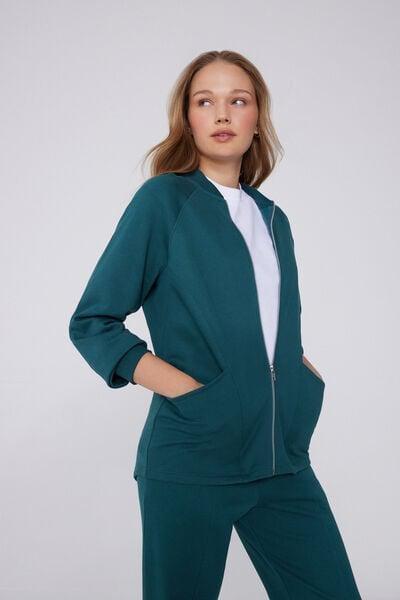 Green Zippered Asymmetric Cotton Sweatshirt, 5701_727Y, large image number 1