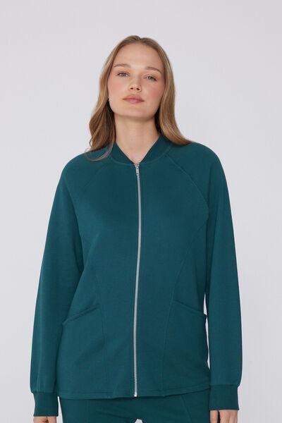 Green Zippered Asymmetric Cotton Sweatshirt, 5701_727Y, large image number 1