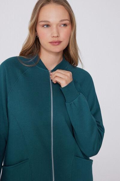 Green Zippered Asymmetric Cotton Sweatshirt, 5701_727Y, large image number 3