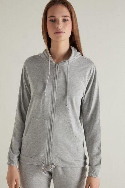 Tezenis - Light Grey Blend Hooded Sweatshirt With Zip And Drawstring, Women