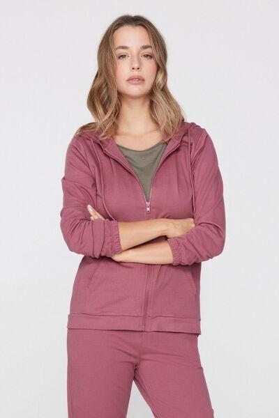 Pink Lightweight Hooded Zip And Drawstring Sweatshirt, 5701_179Z, large image number 1