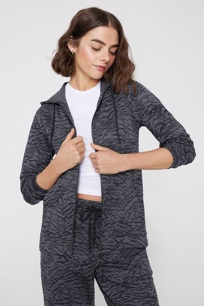 Grey Zebra Hooded Zip And Drawstring Sweatshirt, 5701_217Z, large image number 0