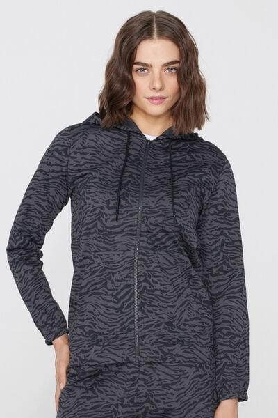 Grey Zebra Hooded Zip And Drawstring Sweatshirt, 5701_217Z, large image number 1