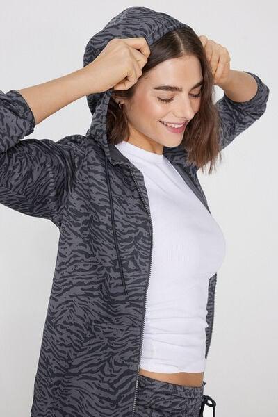 Grey Zebra Hooded Zip And Drawstring Sweatshirt, 5701_217Z, large image number 3