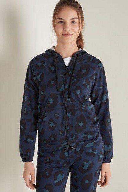Tezenis - BLUE LEOPARD PRINT Hooded Sweatshirt with Zip and Drawstring
