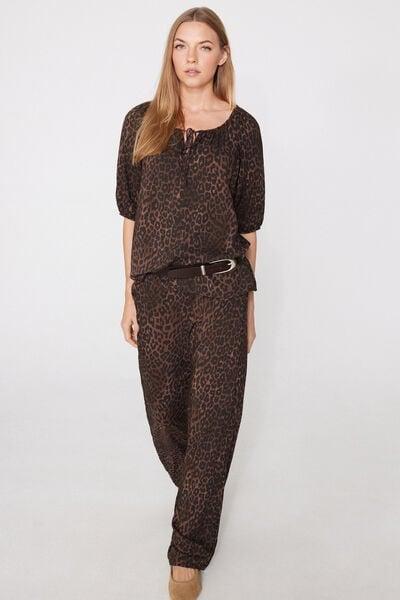 Brown Animal Print Viscose Canvas Straight-Cut Pants, 5701_520Z, large image number 0