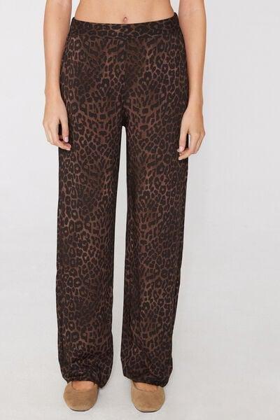 Brown Animal Print Viscose Canvas Straight-Cut Pants, 5701_520Z, large image number 1