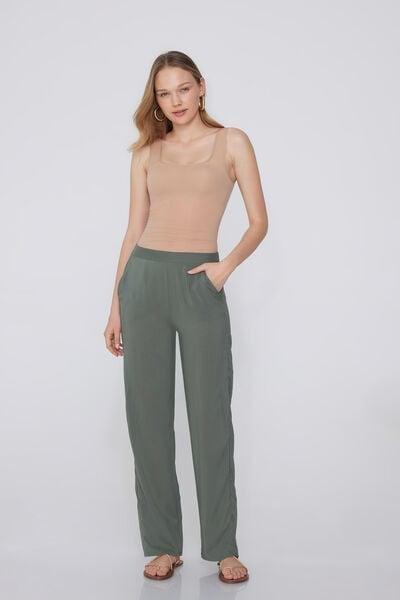 Green Viscose Canvas Straight-Cut Trousers, 5701_732Y, large image number 1