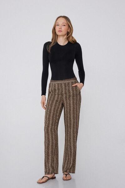 Black Animal Print Straight-Cut Viscose Pants, , large image number 1
